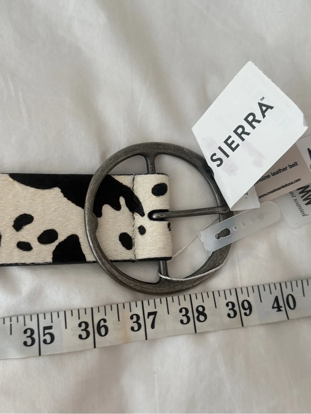 NWT Cow print Leather Belt With Pewter Metal Buckle Size S